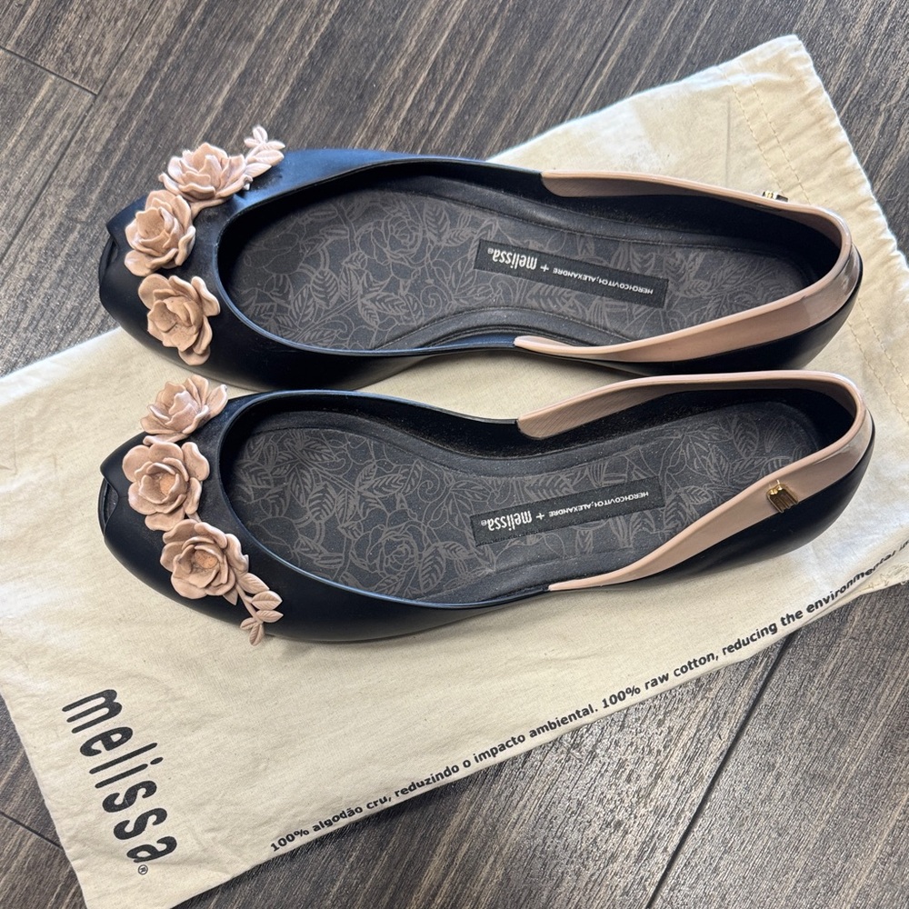 Melissa Black and Pink Rose Embellished Flats